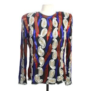 Swee Lo Blouse XL Vintage 80s Multicolored Sequin Paisley Blue Party Formal